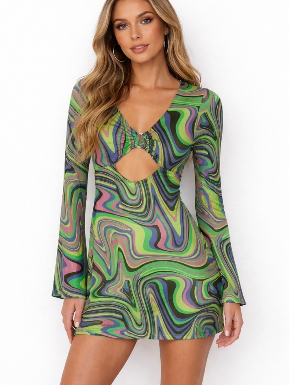 Current Mood Green Multi Swirl Cutout Mini Dress